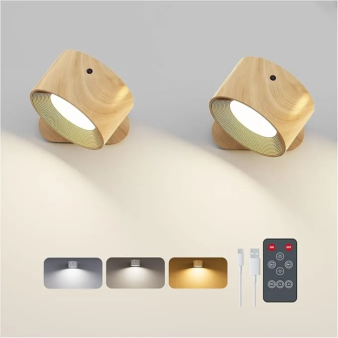 Feallive Lámpara de Pared 2 Pcs, Aplique Led Interior con Mando a Distancia Regulable con Batería Recargable 3 Niveles de Luminosidad 3 Modos de Color Orientable 360º para Dormitorio grano de madera