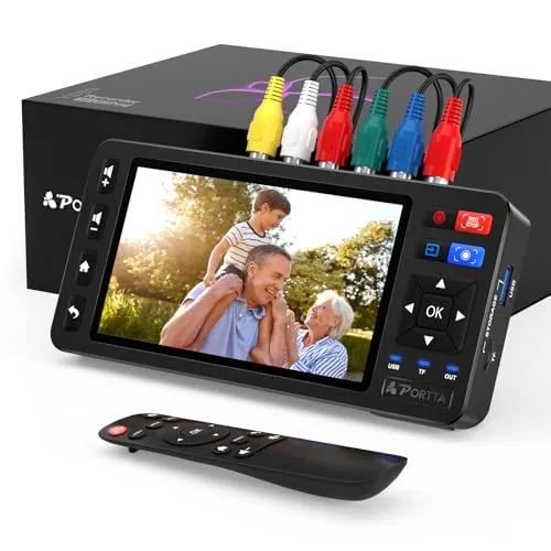 Portta Convertidor VD22P VHS a Digital con Pantalla HD de 5 Pulgadas, grabadora de Captura de Video Que se Convierte a MP4 Compatible con VHS, VCR, DVR, DVD, Hi8, Mini DV, Consola de Juegos (VCR/VHS