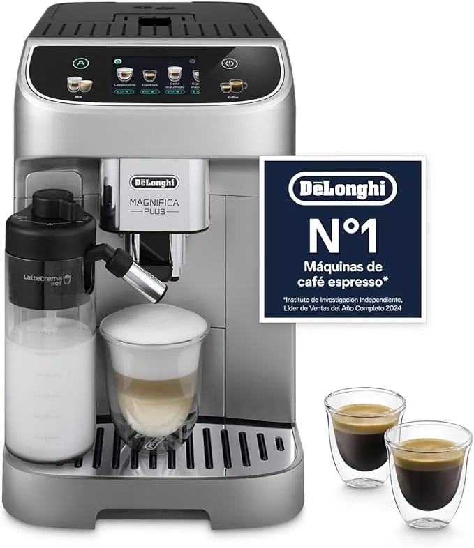 De’Longhi Magnifica Plus– Perfetto Cafetera Superautomática, LatteCrema Jarra de leche automática, 18 Bebidas One-Touch, Pantalla Táctil a Color, Plata y Negro (ECAM322.70.SB)