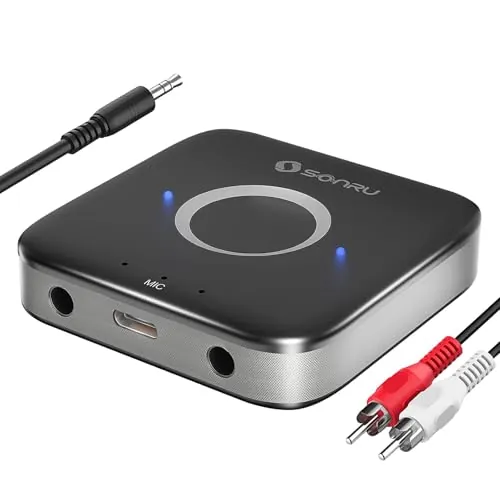 Receptor Bluetooth 5.3 HiFi, SONRU Adaptador Bluetooth Audio Inalámbrico Jack 3.5mm RCA Cable Salida AUX Dual para Estéreo Domestico/Altavoz/Amplificador