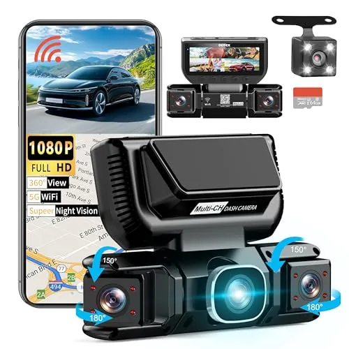 Cámara para salpicadero de 360 Grados y 4 Canales, con WiFi 5G y Control Mediante aplicación, GEMEK 2K: Vista Delantera, Trasera e Interior, Izquierda y Derecha; Tarjeta TF de 64 GB incluida