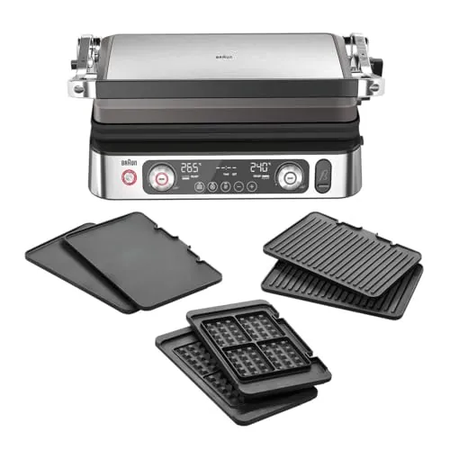 Braun MultiGrill 9 CG 9167, Plancha Eléctrica con Placas Planas, Parrilla y Gofres, 2 Termostatos Independientes, 3 Posiciones, Sonda Térmica, Apta para Lavavajillas, 2000W, Negro/Acero Inoxidable