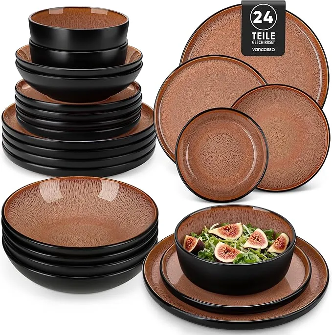vancasso AMBER Juego de Vajilla Completo para 6 Personas, Plato Vajilla 24 Piezas de Gres - Platos Llanos, Platos de Postre, Ensaladeras y Cuencos - Apto para Lavavajillas, Esmalte Reactivo Rojo
