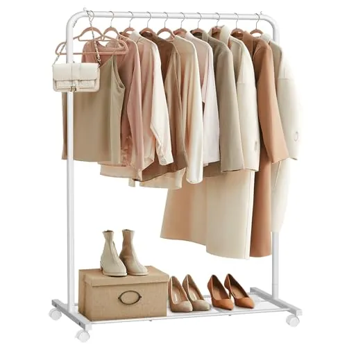 SONGMICS Burro para Ropa, Perchero Burro, Burro Ropa con Estante de Almacenamiento, La Barra Superior Soporta hasta 40 kg, Blanco HSR025W01