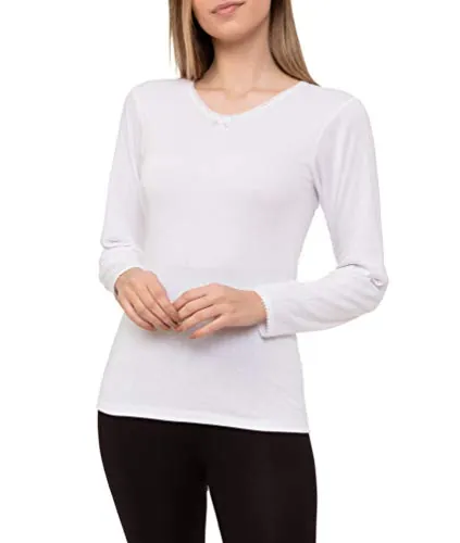 Camiseta Interior Térmica Algodón Manga Larga Mujer Cuello de Pico Color Liso (Blanco, XXL)