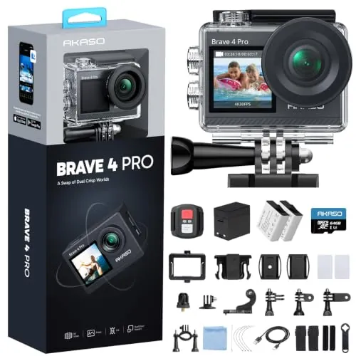 AKASO Brave 4 Pro Cámara Deportiva 4K 20MP con Tarjeta de Memoria U3 de 64GB Cámara de Acción Camara Acuatica Sumergible 40M con Dual Pantalla EIS 5X Zoom 2*1350mAh Baterías Multi Accesorios