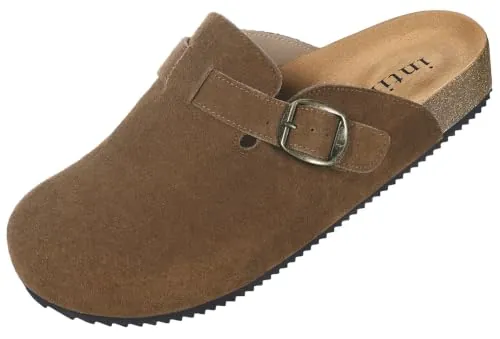 Intini Zuecos y Mules para Hombre Mujer Sandalias de Piel, MarrónRojizo, 40 | Plantilla Corcho, Zapatilla de Estar por Casa, con Hebilla Ajustable, Cerradas, Cómoda