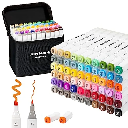 AnyMark Rotuladores Alcohol, 60 Colores, Punta Biselada y Punta Fina | Punta Biselada 1-6 mm y Fina 1-2 mm, Secado Rápido para Dibujo e Ilustración