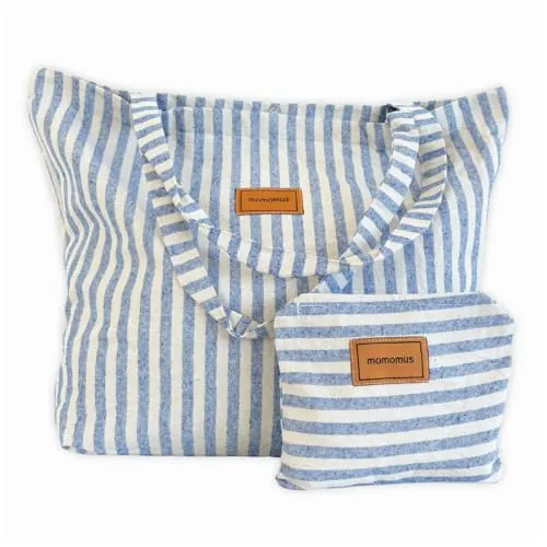 MOMOMUS Bolsa de Playa XXL - 100% Algodón Reciclado, con Cartera de Mano a Juego y Plegable - Bolso de Playa para Mujer Grande y Familiar para Verano y Piscina - 60x40 cm, Azul