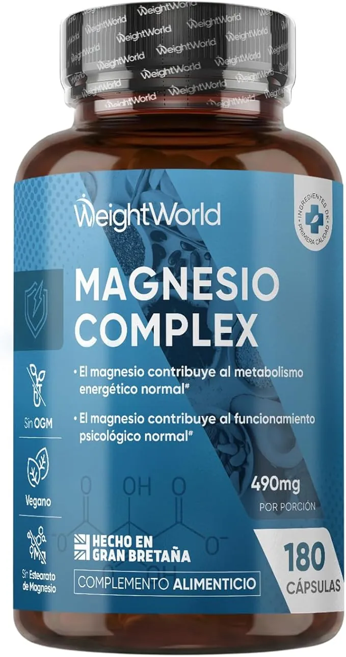 Magnesio Complex 490mg, 180 Cápsulas, 3 Meses de Suministro - Con Citrato, Bisglicinato, Malato y Taurato de Magnesio, L-Leucina, 2 Cápsulas al Día, Apto para Veganos, Sin Gluten ni OGM