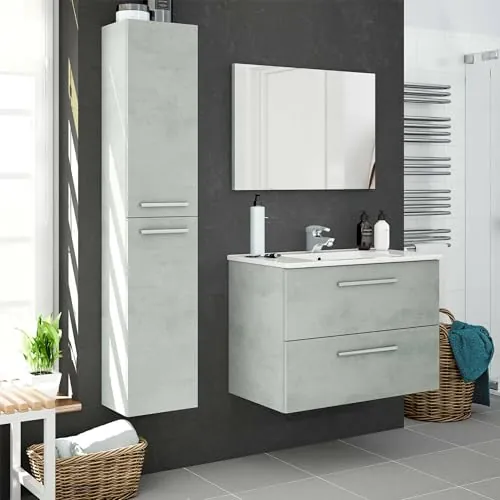 ARKTMOBEL - Mueble de Baño Suspendido Modelo Aruba, Conjunto de Aseo con 2 Cajones y Espejo, 80x57x45 cm, Color Gris Cemento, Estilo Industrial. (Lavabo No Incluido)