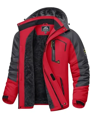 KEFITEVD Chaqueta Esquí Impermeable Hombres Térmicas Lana Deportes Abrigo | Lluvia Lana, Forro Polar, Puños Ajustables Con Velcro, Amplio Espacio De Almacenamiento, Polar, Acolchado, Exterior, Rojo, M