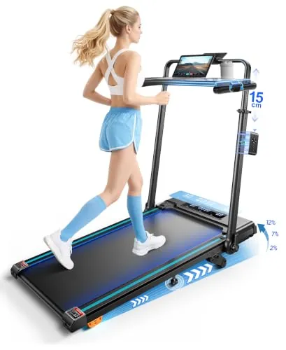 Cinta de Correr Plegable, 6 en 1 Cinta de Correr con Inclinación 3 Niveles(2%-7%-12%), Motor 3.0 HP, Velocidad 1-12 km/h, Manillar Extensible 15 cm, Cinta de Andar con Cinta RGB, App, Carga 150 kg