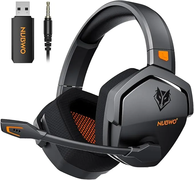 NUBWO G06 Cascos Gaming Inalámbricos con Drivers de 50 mm para PC/Ps5/Ps4/NS/Mobile,Auriculares Gaming Inalámbricos con 2.4 GHz+Bluetooth 5.3 Modo Dual,7.1 Sonido Envolvente,Duración 100Hr+ - Naranja