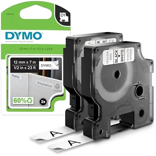 DYMO D1 etiquetas auténticas | impresión negra sobre fondo blanco | 12 mm × 7 m | etiquetas autoadhesivas para impresoras de etiquetas LabelManager | 2 unidades