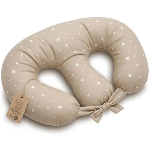 Cojín Lactancia Gemelos XXL 90x50 cm en forma de Media Luna – Almohada Gemelar desenfundable con funda de algodón – Nursing Pillow Twins con Correas de sujeción Oeko-Tex Beige con estrellas blancas