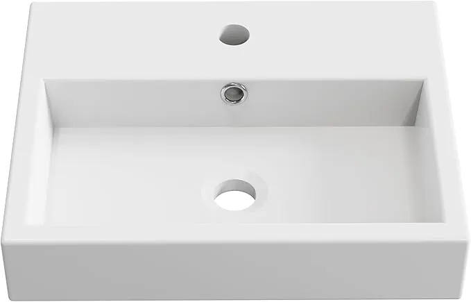 BAIKAL - Lavabo Cerámico sobre Encimera. Lavabo Cuadrado en acabado Blanco Brillo. Medidas 46 x 37 x 9 cm. Con orificio para grifo. Envío con Embalaje Reforzado