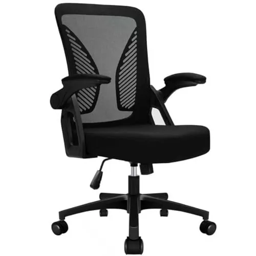 Milacyee Silla de Oficina Ergonómica, Reposabrazos Plegables 90°, Soporte Lumbar, 120° Inclinación（No se Puede Bloquear）, Malla Transpirable, 360° Giratoria, 102kg Carga, Negro