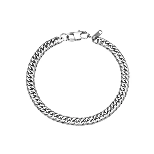 flintronic Pulsera de plata cubana envejecida para hombre, estilo retro, acero de titanio, simple pulsera plana de mezclilla de seis lados, 21CM, Acero inoxidable