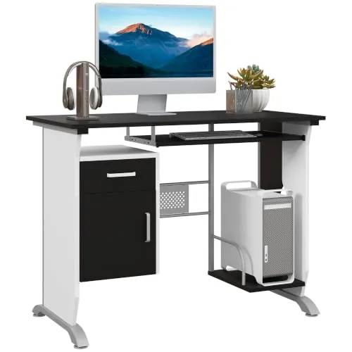HOMCOM Mesa de Ordenador Armario, Bandeja Teclado 100x52x75cm Negro/Plata