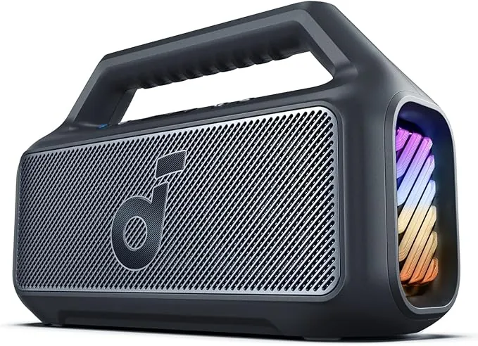 Soundcore Altavoz Bluetooth Potente Boom 2, con Potente Sonido 80W Gracias al Subwoofer y BassUp™, 24h, IPX7, Tiene Luces RGB, Puerto USB-C, para IR de Camping, a la Playa o al Campo