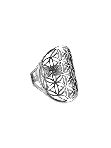 SIMBOLIKS Flor de la Vida Anillo ajustable acero inoxidable, Geometría Sagrada Anillo de protección, Mantras, Mandala, Mudras, Regalo Yoga, Meditación, Espiritual, Místico, regalo mujer Amuleto