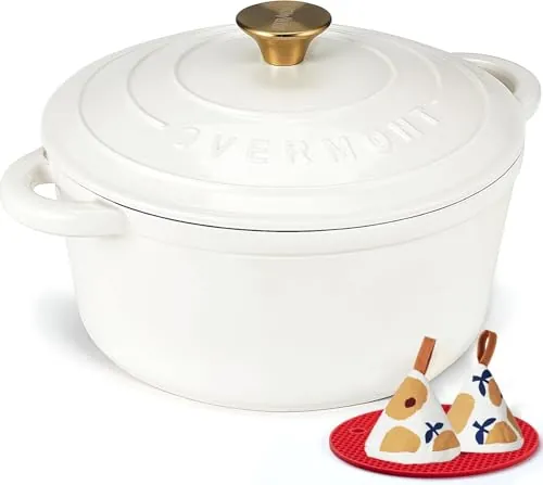 Overmont Olla de Hierro Fundido - Antiadherente Cacerola Holandesa de Esmaltado con Tapa - Ø26 cm Redonda Cacerola Holandesa para Cocinas de Inducción - Blanco perla