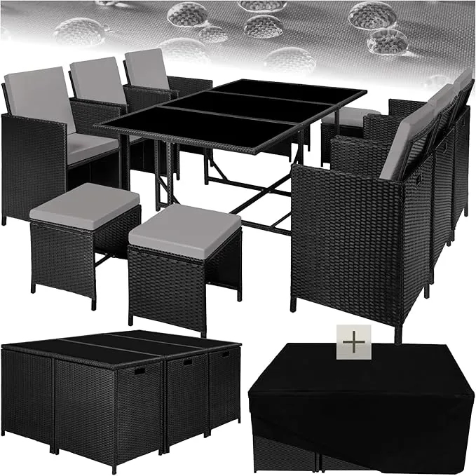 tectake® Conjunto Jardín Exterior de Ratán y Acero, Agrupable en Cubo, Muebles Jardín Exterior Resistente a la Intemperie, para 6-10 Personas, Fundas Extraíbles y Funda Protectora - Negro/Gris