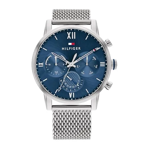 Tommy Hilfiger Reloj Analógico de Cuarzo Multifunción para Hombre con Correa de Malla de Acero Inoxidable Plateada - 1791881