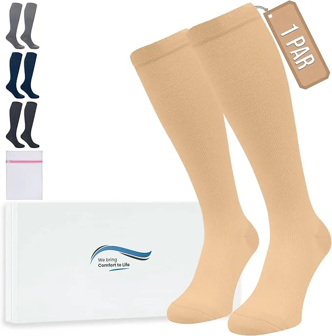 360 Relief Medias de Compresión para Mujeres y Hombres - 1 Par Calcetine de Compresión para Deportes, Correr, Volar, Viaje, Trabajo, Footing - L/XL Beis con Bolsa de Malla
