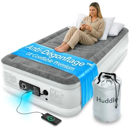 Huddle Never Deflate™ Luxury Colchón Inflable Sencillo, Ganador del Good Housekeeping 2025, con Hinchador Dual SlumberGuard™, firmeza Ajustable, Bomba integrada y luz Nocturna USB.