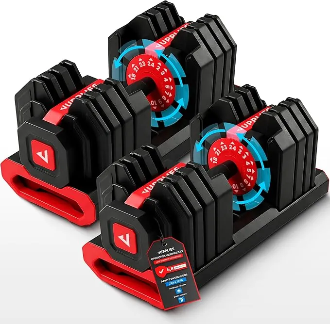 JUPPLIES Mancuerna Ajustable Hasta 24 kg – Pesas Regulables 15 Niveles 2–24 kg con Ajuste Rápido, Bloqueo de Seguridad y Base Antideslizante, Ideal para Entrenamiento en Casa o Gimnasio