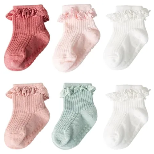 DRESHOW Calcetines de Encaje Antideslizantes Con Volantes para Recién Nacidos y Bebés - Calcetines de Vestir para el Tobillo de Niñas