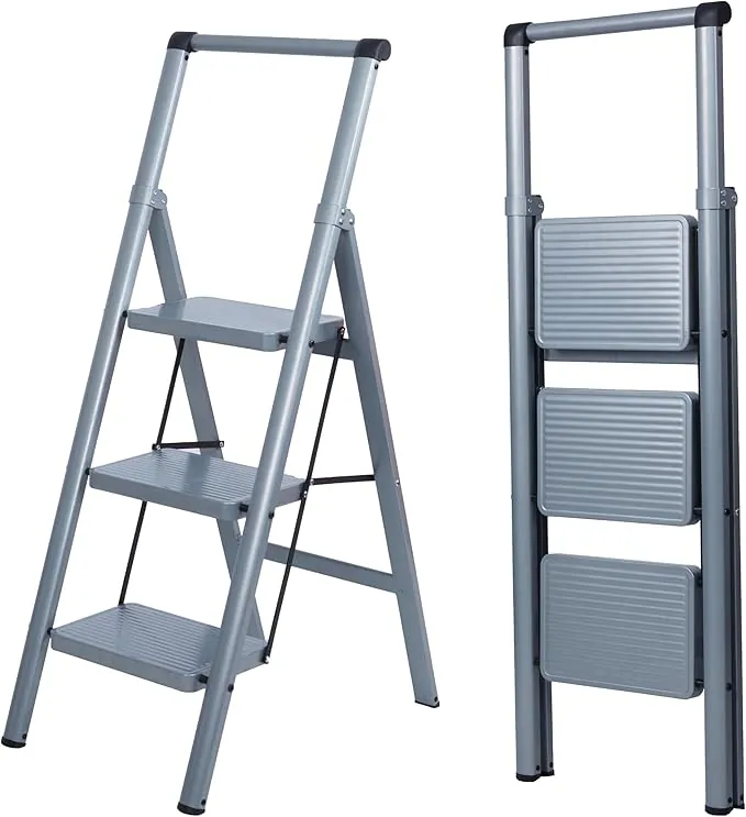 UZIRO Escalera Plegable 3 Peldaños, Liviana y Compacta, Diseño Decorativo, Peldaños Anchos Antideslizantes, Ideal para Uso en Hogar, Cocina y Oficina, Fácil de Guardar y Transportar, Alta Durabilidad