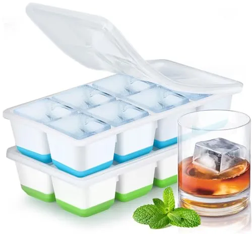 Cubiteras para Hielo Grande, JRISBO 2 Piezas Cubitera Silicona con Tapa para Cubitos de Hielo, Cubitera Silicona sin BPA Apilables Moldes de Hielo Ice Cube Tray para Cóctel Whisky (Azul + Verde)