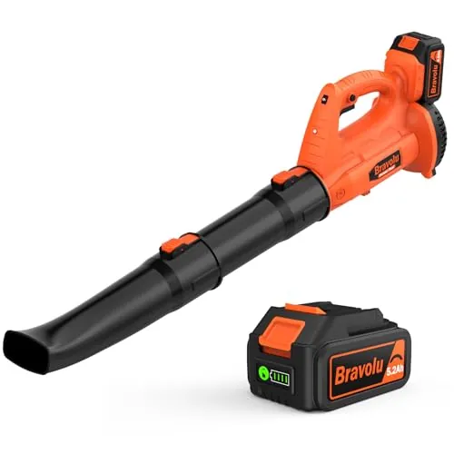 Soplador de Hojas, Bravolu Soplador con Baterías Recargables de 5,2 Ah y Cargador, Flujo de Aire de 240 km/h, 6 Velocidades Soplador de Hojas Eléctrico