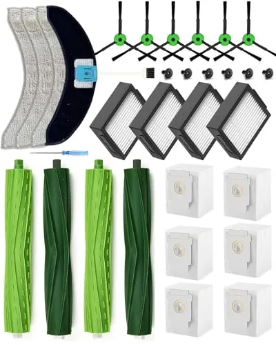 26 Piezas de Recambios para iRobot Roomba Combo j7+/j9+/10 Max Aspirador,Kit Accesorios de Repuesto Combo j7 Plus/j9 PLus: 4 Cepillo Principal,6 Cepillos Laterales,4 HEPA Filtros,6 Bolsas,4 Paños