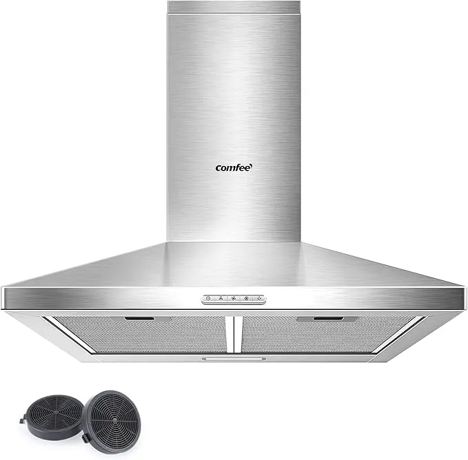 COMFEE' PYRA17SS-60 Campana Extractora 60 cm Campana Extractora Acero Inoxidable Plateado con LED, Sistema de Recirculación y Canalización y Filtros de Carbón