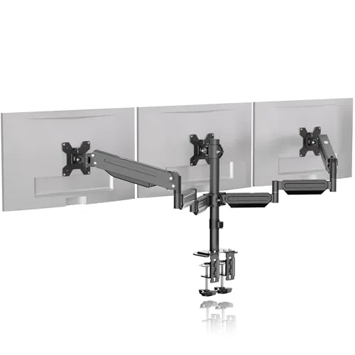Soporte triple para monitor para 3 monitores, soporte de escritorio ajustable con resorte de gas con rotación giratoria de inclinación para tres pantallas de 17 a 27 pulgadas de hasta 6 kg cada una, 2