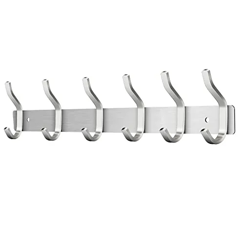 MEIJO Percheros Pared con 6 ganchos, Ganchos Perchas de Montaje en Pared Acero inoxidable Colgadores Ganchos Perchero para Entrada, Cocina, Baño (6 Ganchos, Plata)