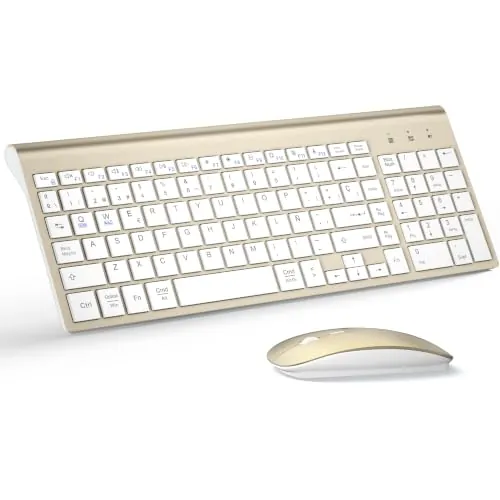 Combo Teclado y Ratón Inalámbrico Ultradelgado, Doble Sistema-Blanco Dorado
