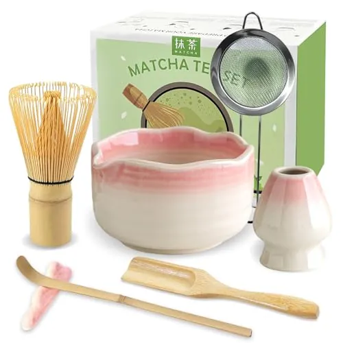 JBER Matcha Kit 7 Piezas - Kit Té Matcha Completo con Tazón de Matcha con Pico, Batidor de Bambú (Chasen) y Accesorios Completos, Perfecto para Ceremonias Japonesas y Lattes Caseros, Gradiente Rosa