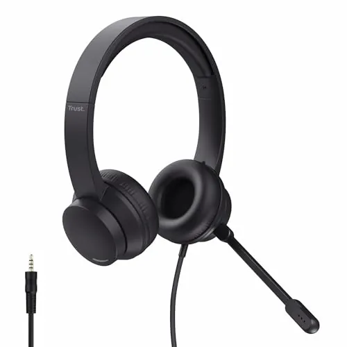Trust Roha II Auriculares con Cable 3.5mm On Ear con Micrófono, Negro | Diadema Ajustable, Cable de 1,8 m, Cascos Ligeros Supraaurales per Oficina PC Ordenador Portátil Laptop Teams Zoom