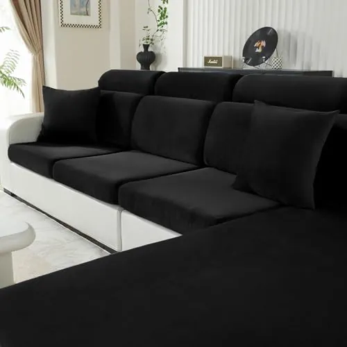 CYCMACO Funda Asiento Sofa Terciopelo Alta Elástica, Funda Cojin Sofa Ajustable Protector, Antideslizante, Separado, Universal, Lavable(3 Asiento, Negro)