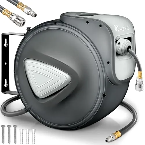 TRESKO® Carrete de Manguera de Aire Comprimido de 10 m | Conector de 1/4" | Enrollador de Manguera Automático | con Soporte para Pared | Rotación de 180° | Tope Final Ajustable, Gris