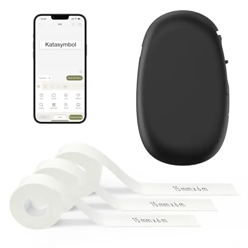 SUPVAN E10 Etiquetadora Bluetooth con 3 Rollos 6m Continua Impermeable Etiquetas, App Versátil con 30+ Fuentes 600+ Íconos, para el Hogar, la Cocina, la Escuela y la Oficina, Negro