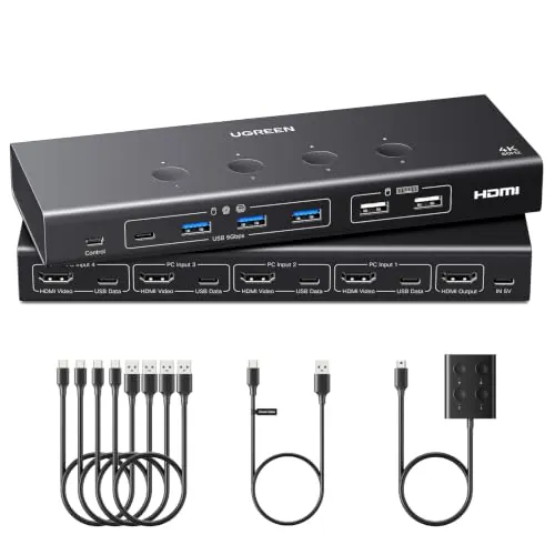 UGREEN Switch HDMI KVM 4K 60Hz 4K30Hz 4 Entradas 1 Salidas para 4 PCs | 6 Puertos USB 3.0 5Gbps 5A1C 4 PC 1 Monitor para Teclado Ratón Disco Duro Controlador de Escritorio compatible con Windows Li