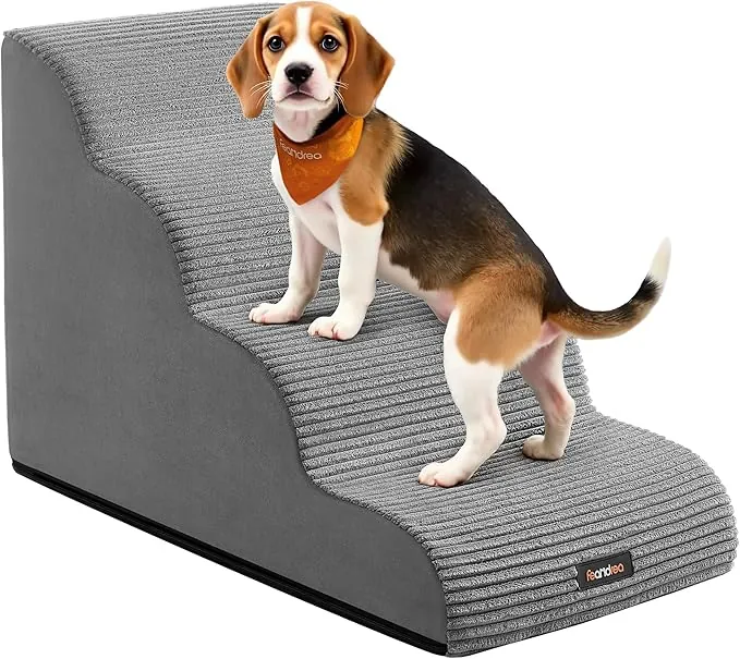 Feandrea Escalera para Perros de 4 Peldaños, para Cama, Sofá, Impermeable con Diseño Antideslizante, Pendiente Suave, Cubierta Lavable Extraíble, Asa, Gris Paloma PPS004G01