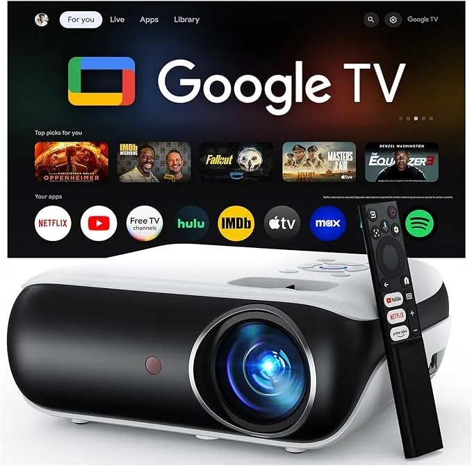 【Google TV Official】 Smart Mini Proyector 4K, HAPPRUN 1000 ANSI 1080P Full HD Proyector con Dolby Audio, WiFi6 Bluetooth5.2 Projector Cine en Casa, Control de Voz, con Netflix, Prime Video, Youtube
