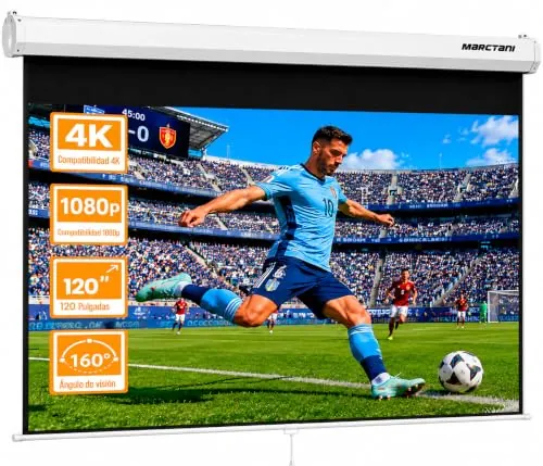 MARCTANI Pantalla Proyector Enrollable 120 Pulgadas 16:9 - Pantalla para Proyector de Pared y Techo, Tela 3 Capas Anti-Luz - Visible 266x149 cm, Cajetín 279 cm - Cine en Casa y Exterior